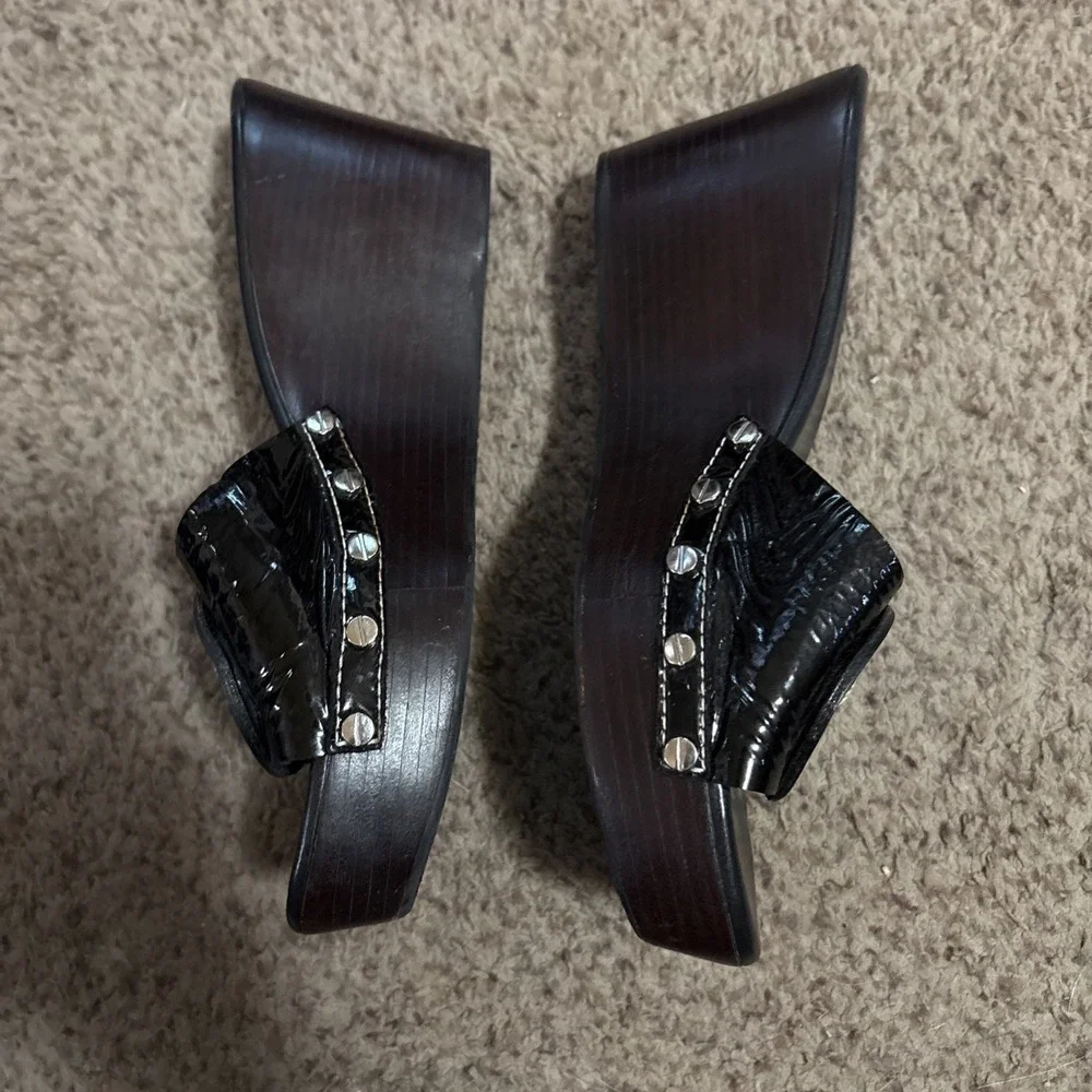 Tory Burch Patti Black Patent Slides Platform Wedge Mules Heels Sandals Size 9 M